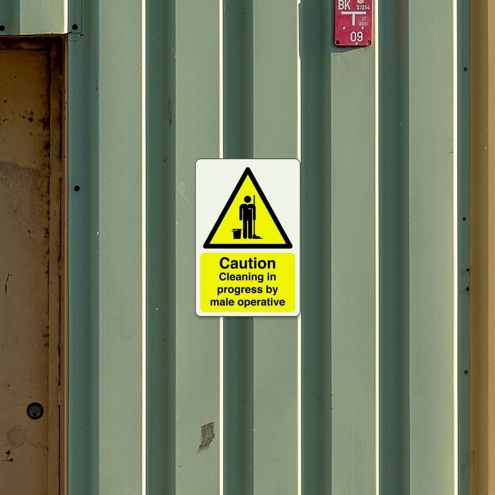 Caution Cleaning in Progress by Male Operative sign in use